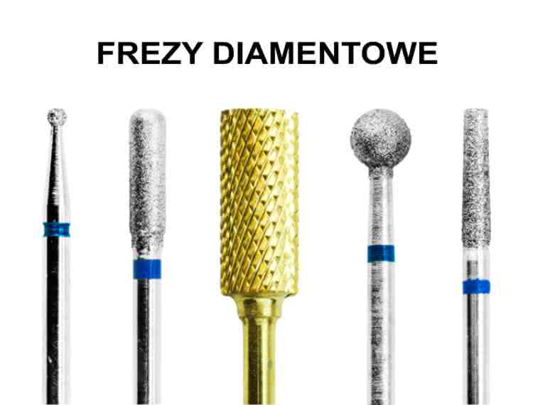 Frezy diamentowe do paznokci o różnej gradacji - drobne i grube. 