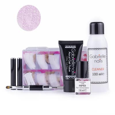 Zestaw Akrylożel Gabrielle Nails acrylgel tuba 30g GLITTER SOFT PINK dual forms 100 szt