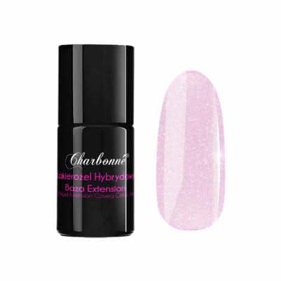 Lakier Hybrydowy CHARBONNE Base EXTENSION COVER Glitter Silver do przedłużania i utwardzania naturalnej płytki typu HARD 7ml