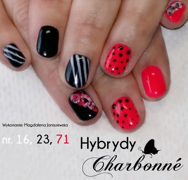 Wzory czarno czerwone paznokcie hybrydowe